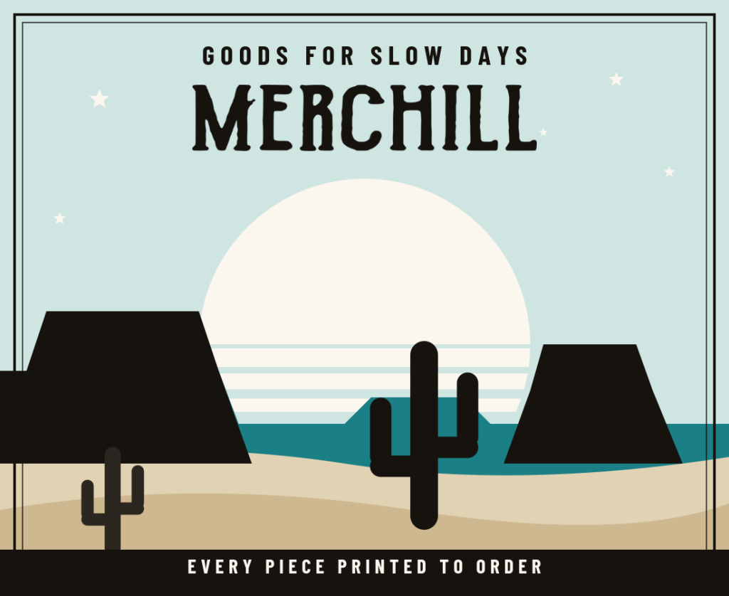 Desert poster illustration with mesas, a saguaro cactus and a striped sunset